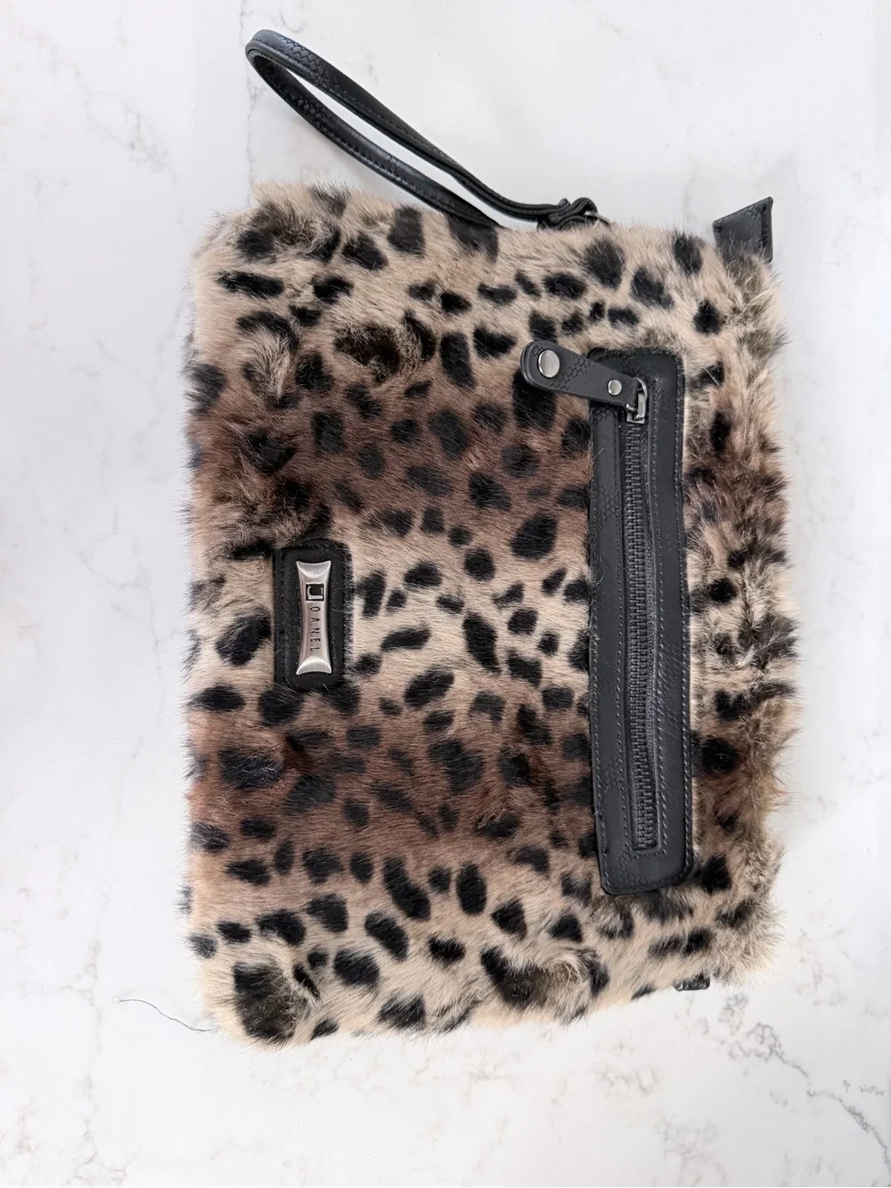 Vintage Joanel Leopard Print Faux Fur Crossbody Clutch - Black Trim